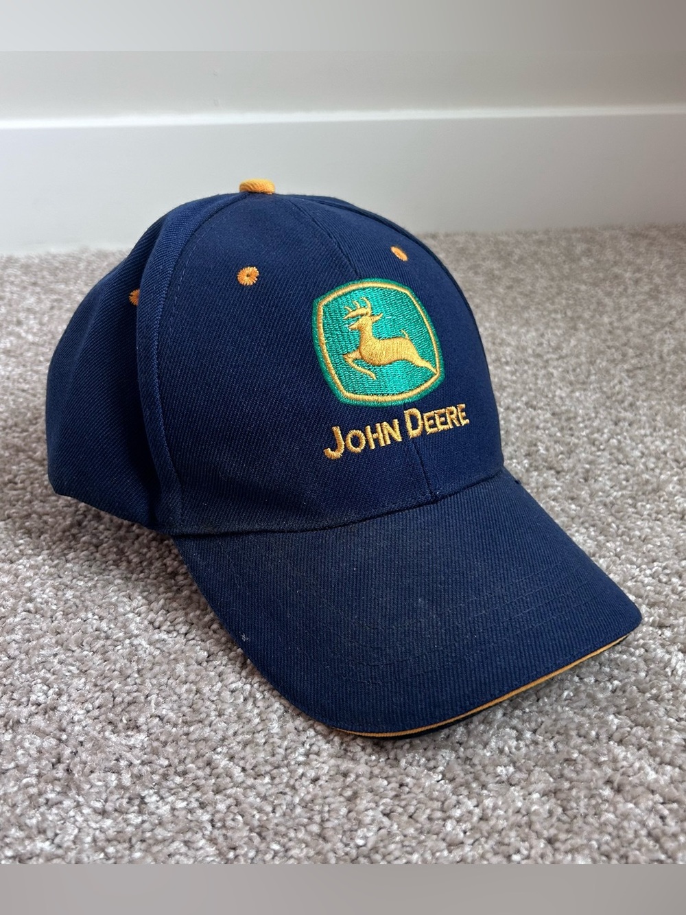John Deere Hat Navy Blue Adjustable Embroidered Logo Baseball Cap Piping